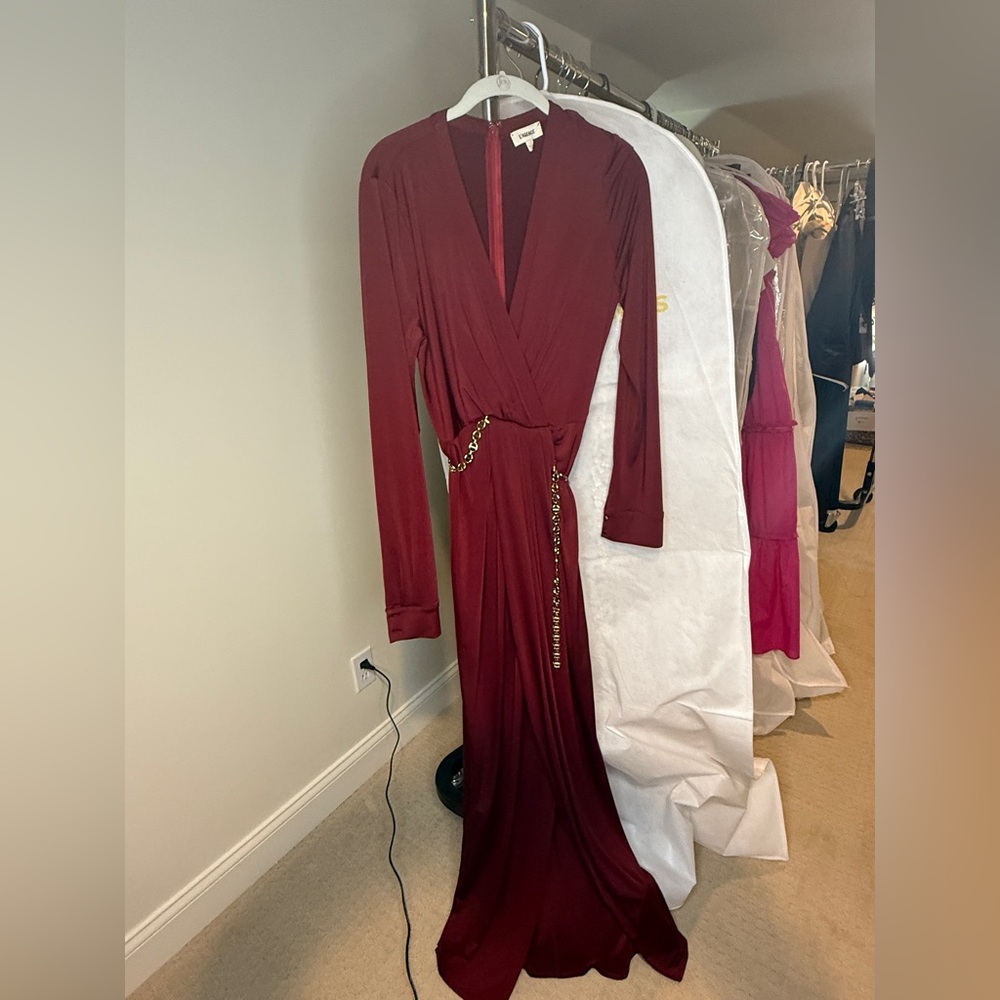 L'AGENCE Thea Twist front dress in Black Cherry - Red Long Sleeve Plunge Gown